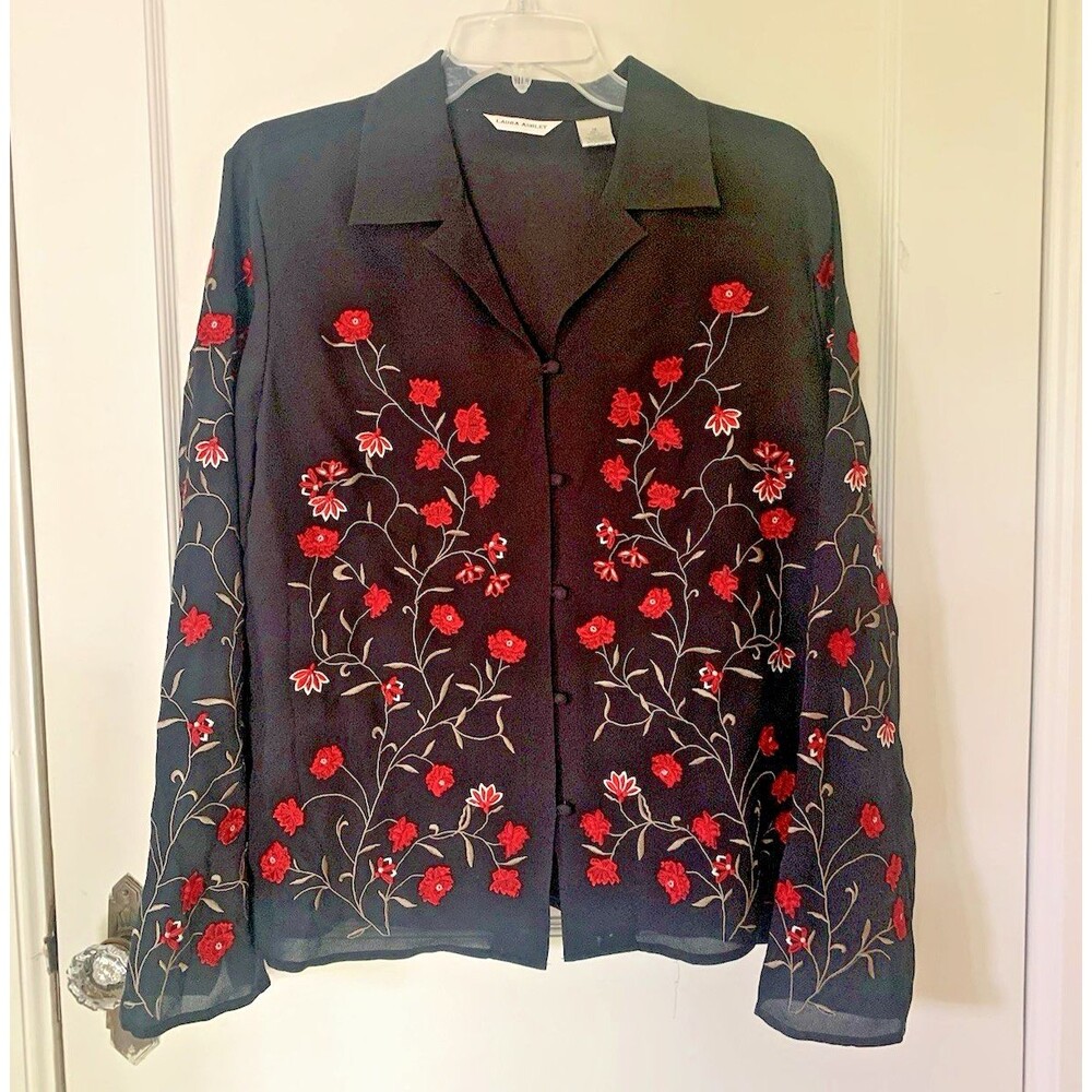 Laura Ashley Vintage 100% Silk Embroidered Blouse – Long Sleeve – Black Size 14
